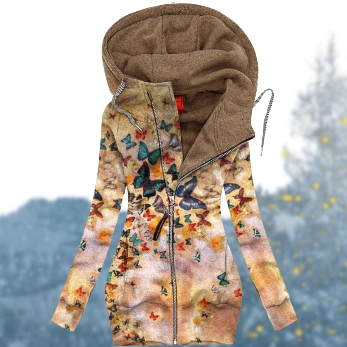 Hooded Zip-Up Heart Print Pullover for Women - Brown