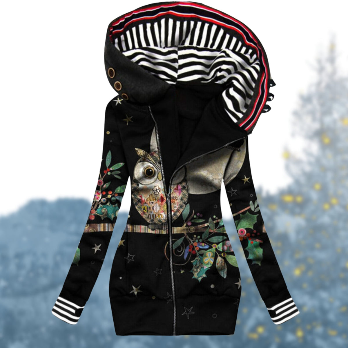Hooded Zip-Up Heart Print Pullover for Women - White/Black