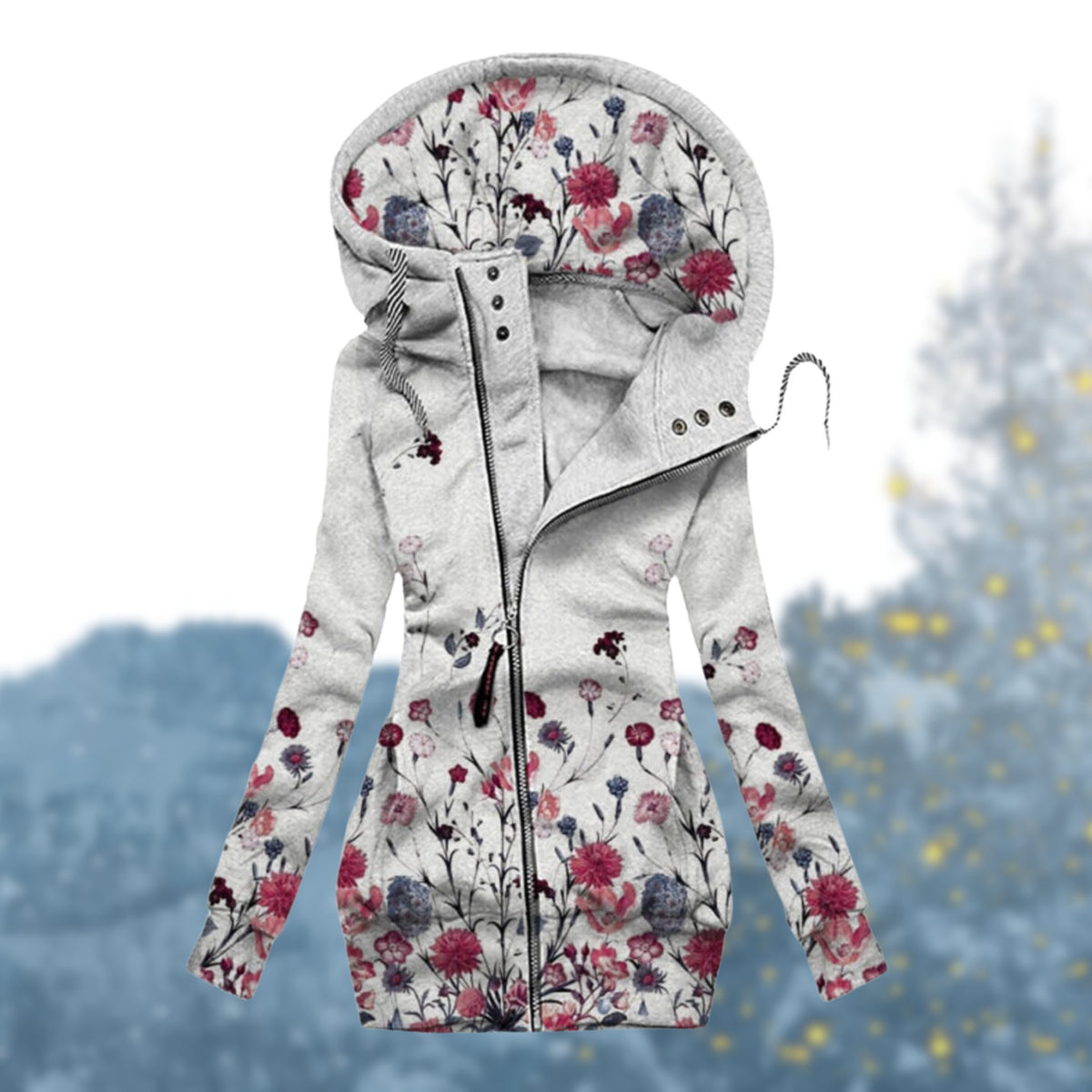 Hooded Zip-Up Heart Print Pullover for Women - White