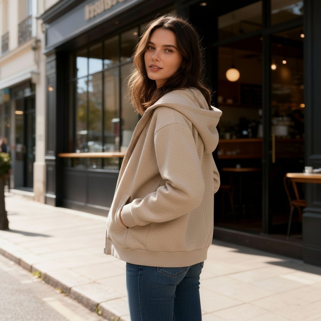 Hooded Zip-Up Sweatshirt Jacket for Women - Khaki