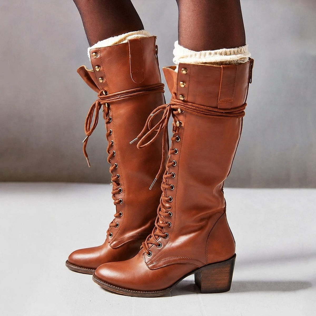 Knee High Lace-Up Combat Boots with Block Heel for Women