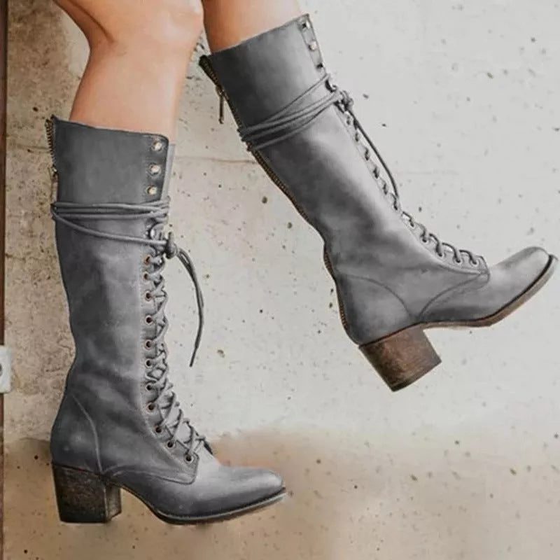 Knee High Lace-Up Combat Boots with Block Heel for Women - Grey