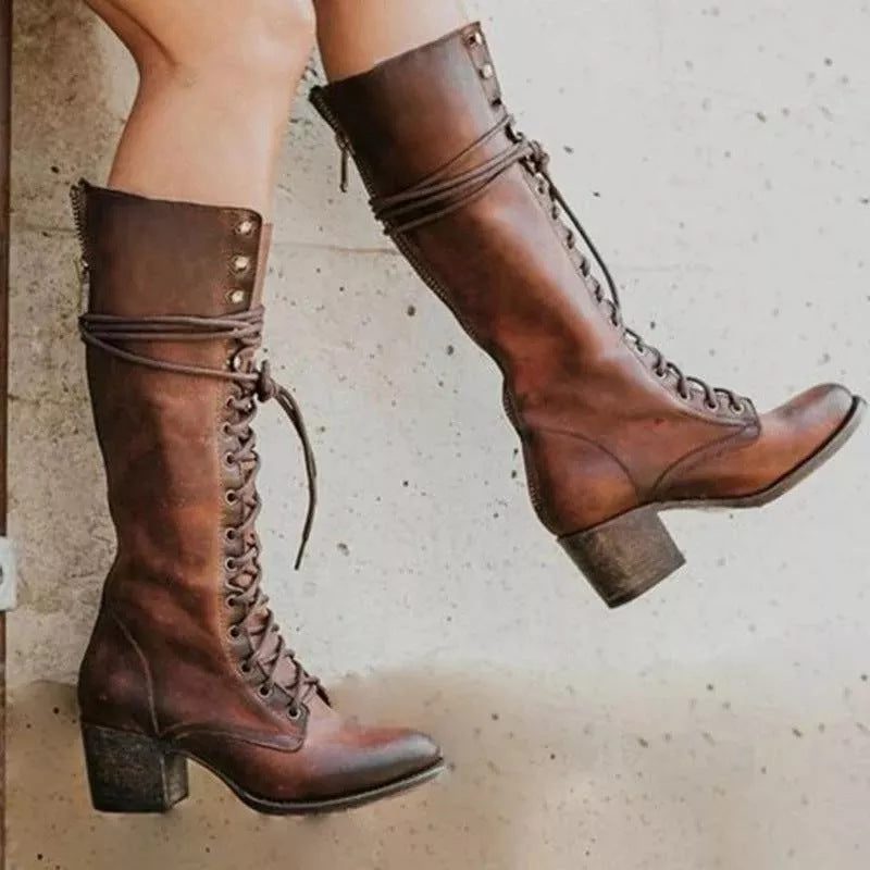 Knee High Lace-Up Combat Boots with Block Heel for Women - Brown