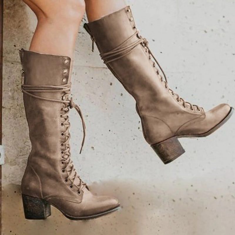 Knee High Lace-Up Combat Boots with Block Heel for Women - Khaki