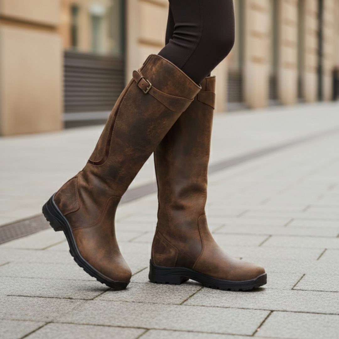 Knee High Vegan Leather Boots with Ankle Strap for Women - Brown
