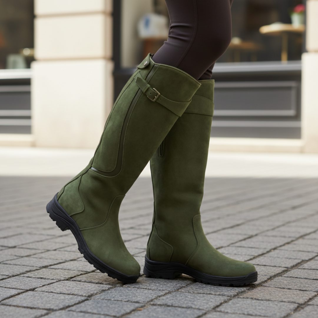 Knee High Vegan Leather Boots with Ankle Strap for Women - Green