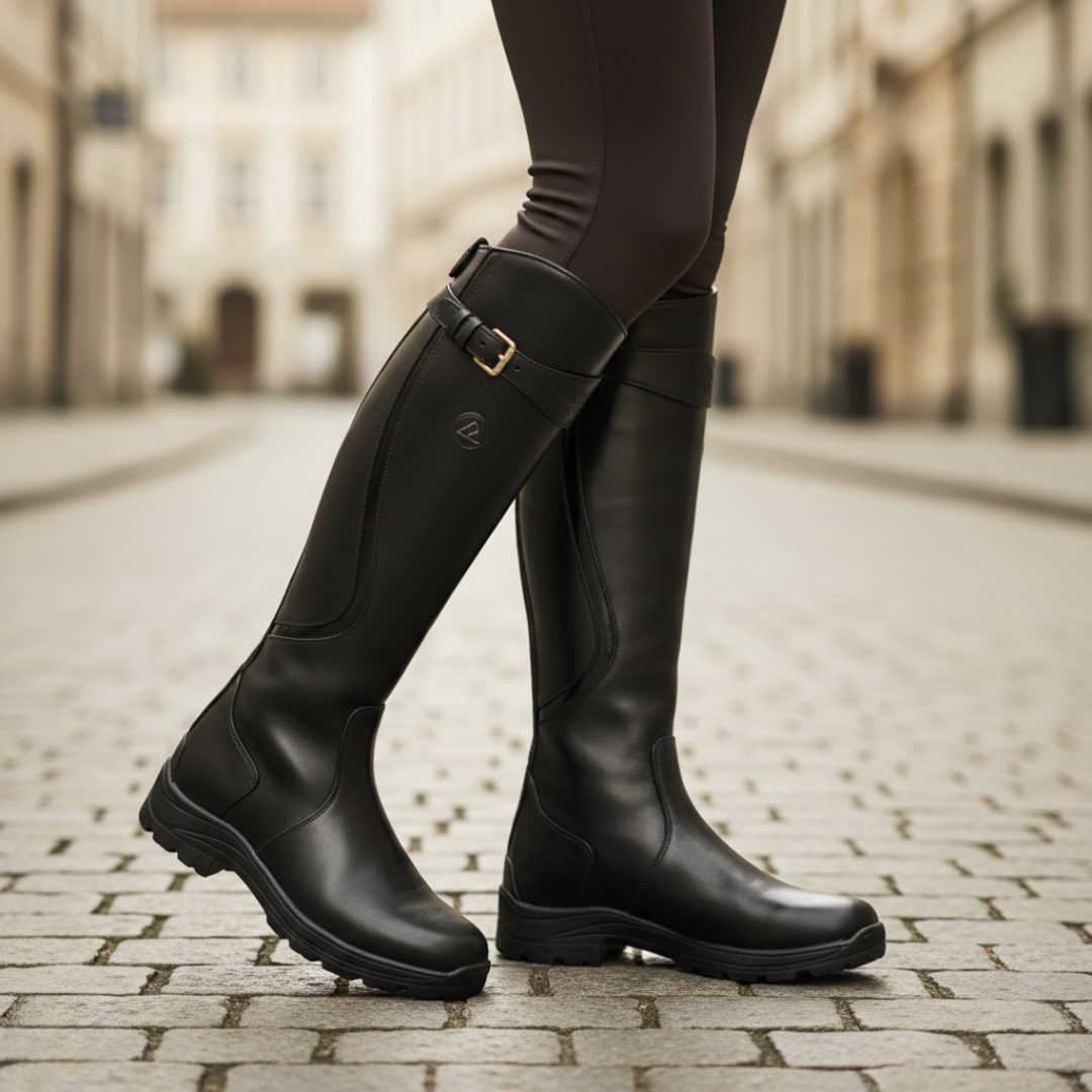 Knee High Vegan Leather Boots with Ankle Strap for Women - Black