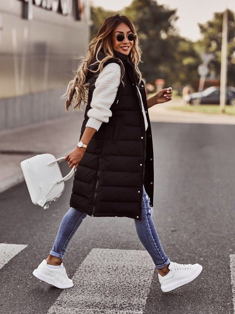 Knee-Length Quilted Puffer Vest for Women - Black