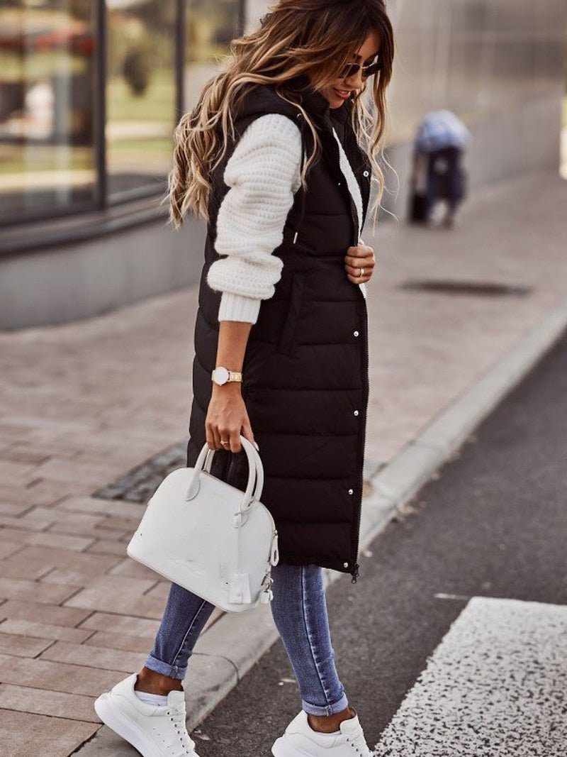 Knee-Length Quilted Puffer Vest for Women