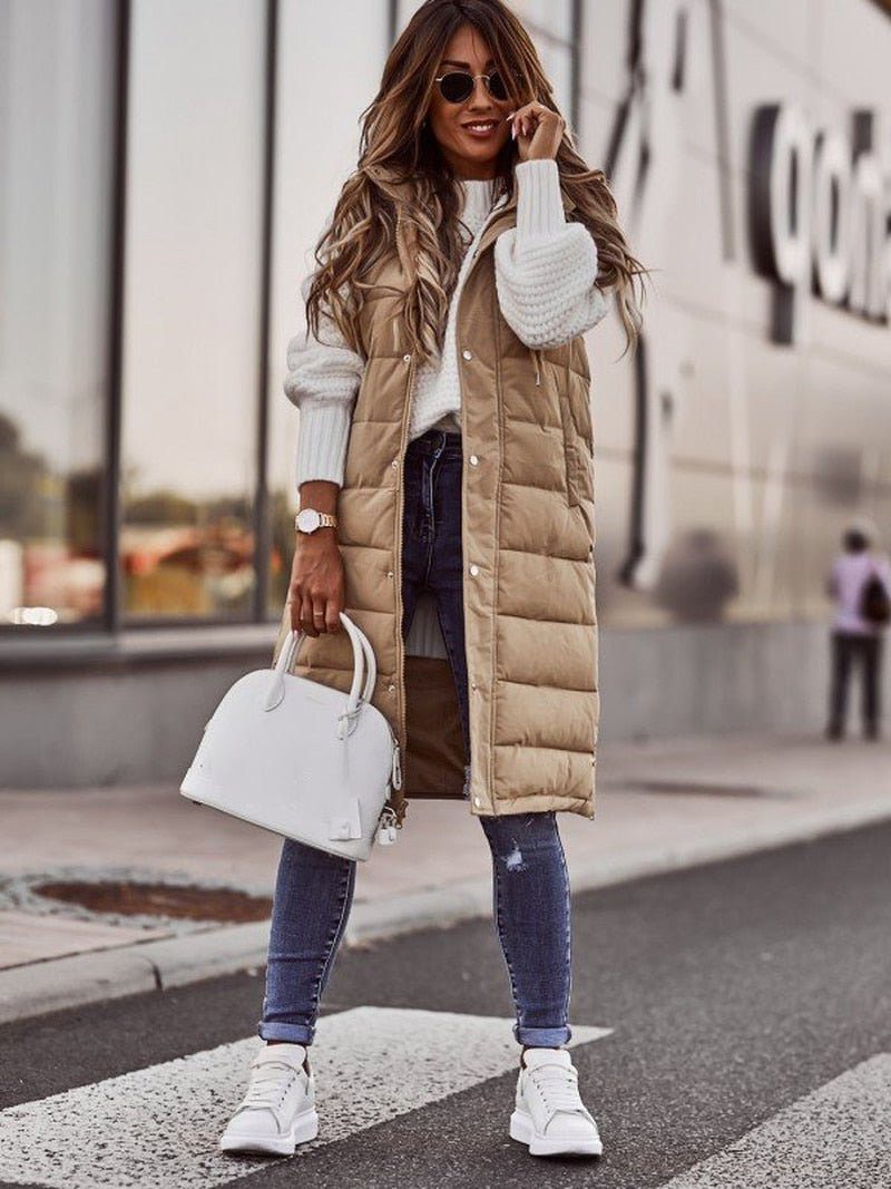 Knee-Length Quilted Puffer Vest for Women - Beige
