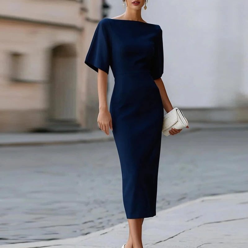 Knit Cocktail Midi Dress for Women - Blue