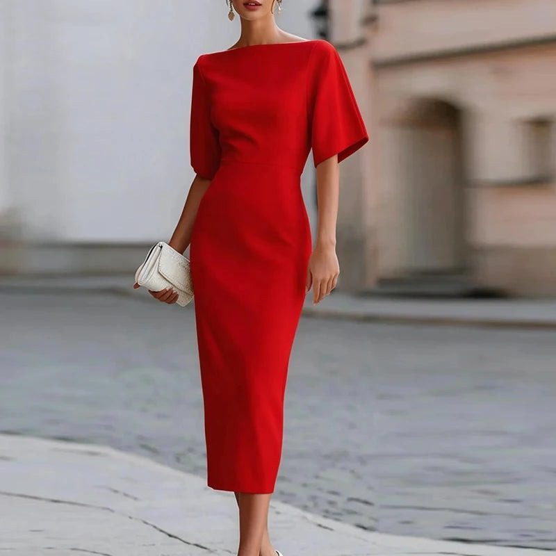Knit Cocktail Midi Dress with Boat Neckline for Women - Red