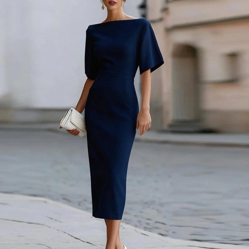 Knit Cocktail Midi Dress with Boat Neckline for Women - Blue