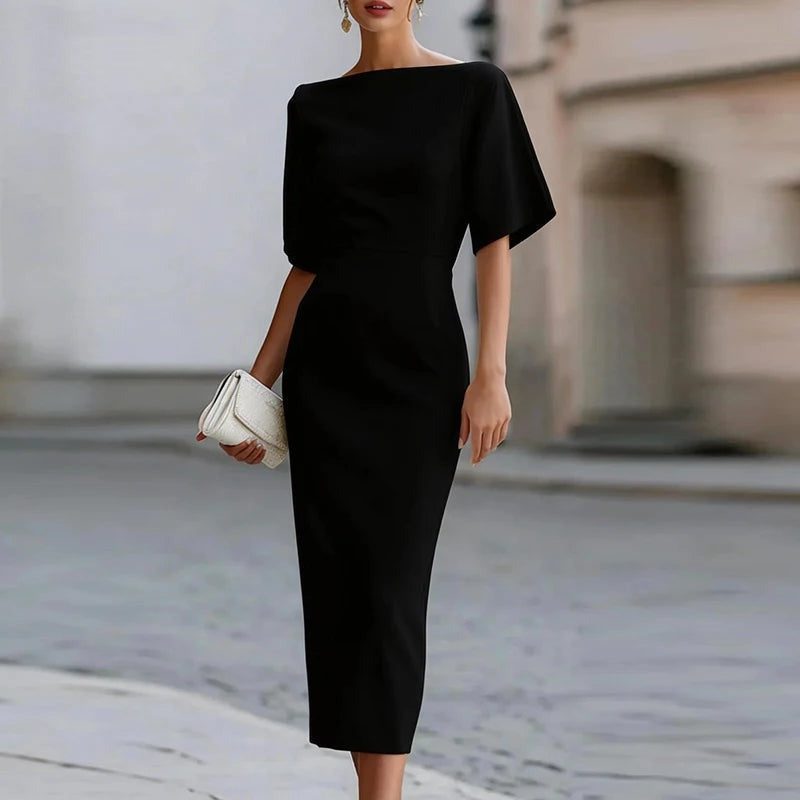 Knit Cocktail Midi Dress with Boat Neckline for Women - Black