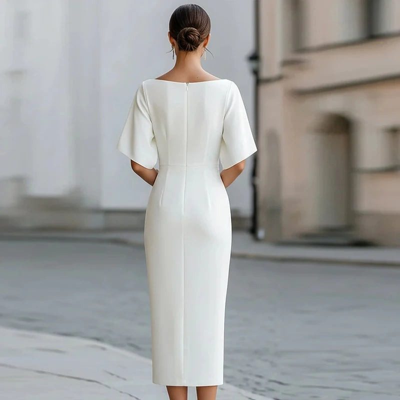 Knit Cocktail Midi Dress with Boat Neckline for Women - View 2