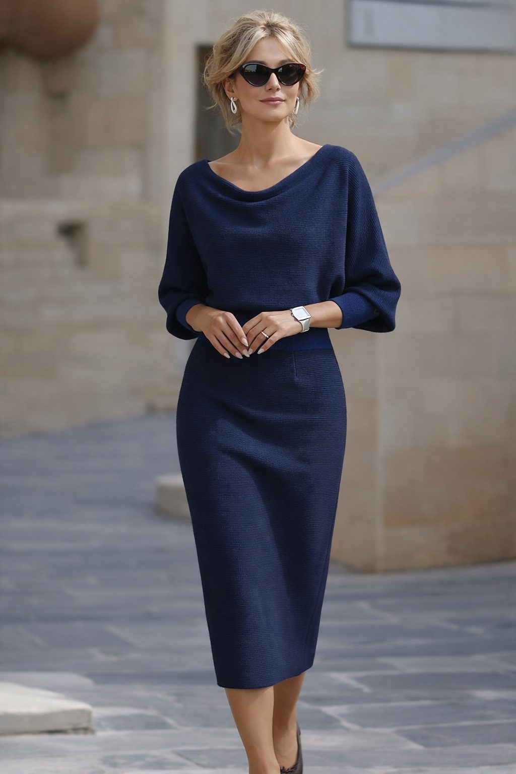 Knit Cowl Neck Midi Dress for Women
