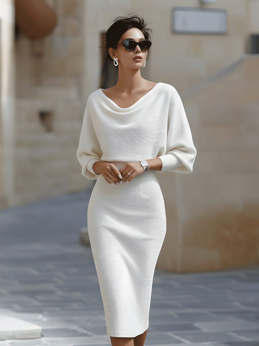 Knit Cowl Neck Midi Dress for Women - White