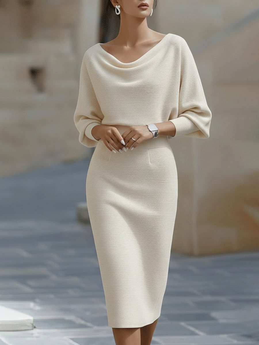 Knit Cowl Neck Midi Dress for Women - Beige