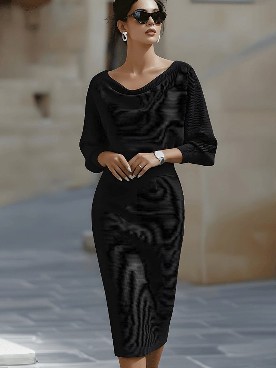 Knit Cowl Neck Midi Dress for Women - Black