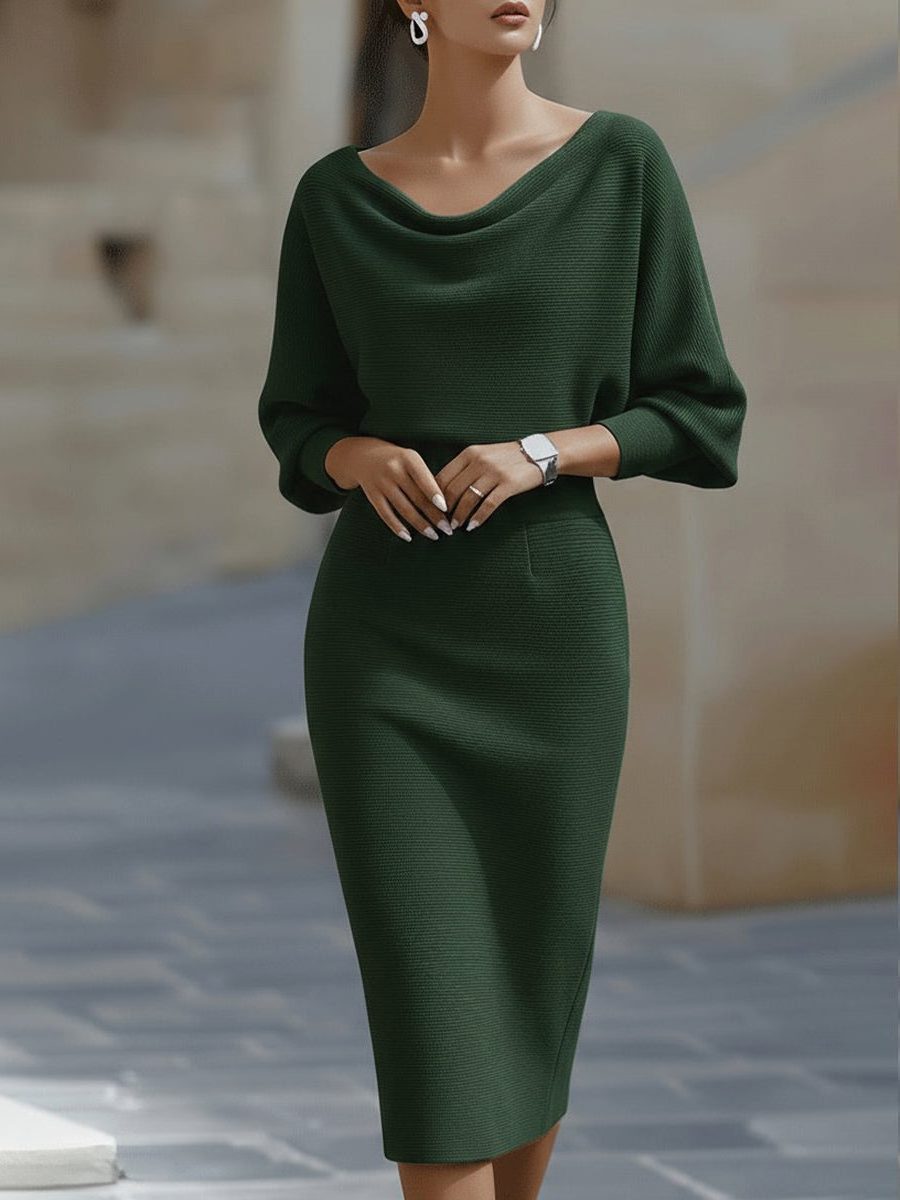 Knit Cowl Neck Midi Dress for Women - Green