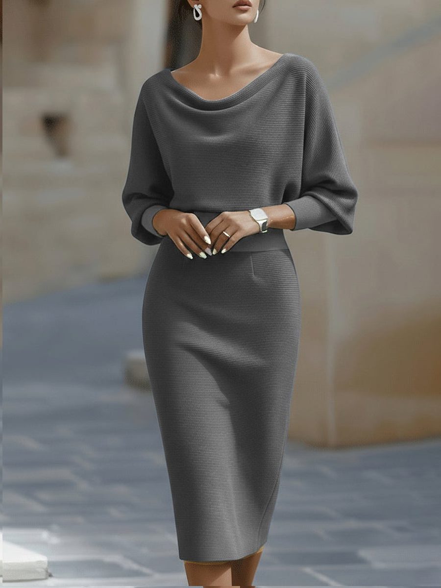 Knit Cowl Neck Midi Dress for Women - Grey