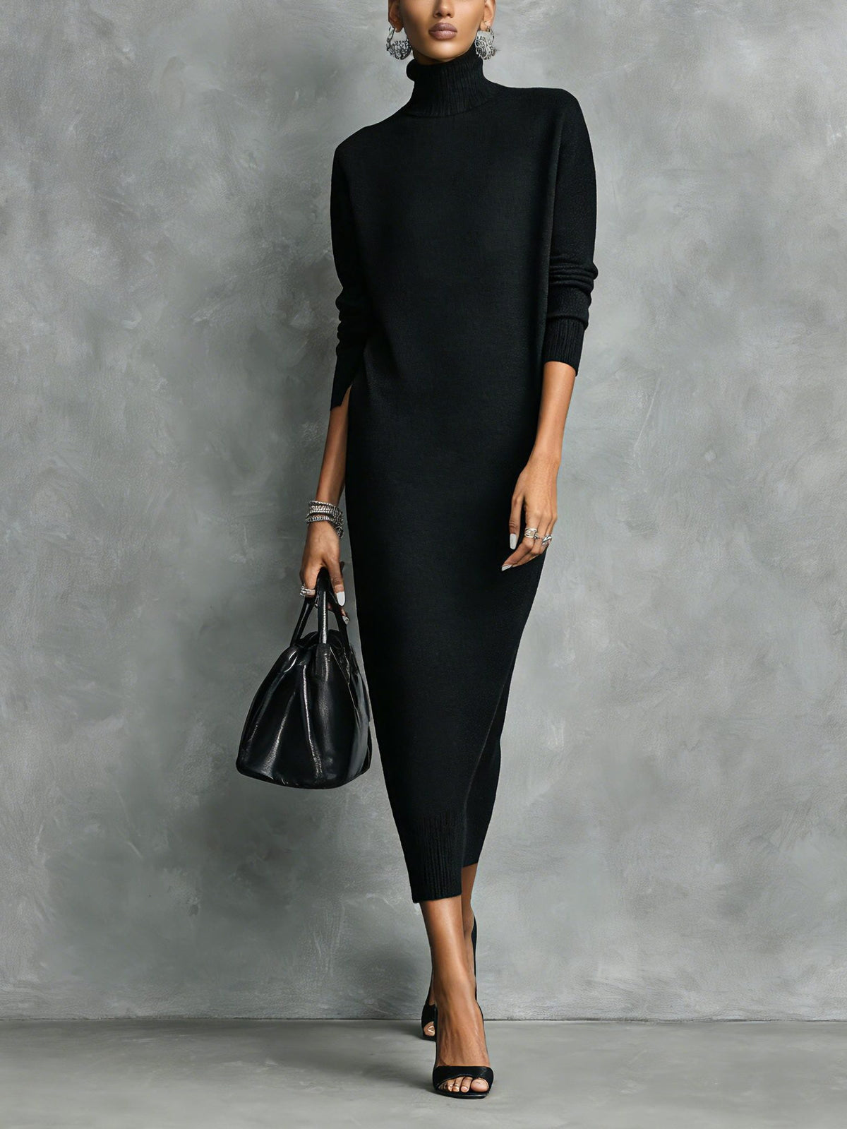 Knit Roll Neck Midi Dress with Long Sleeves for Women