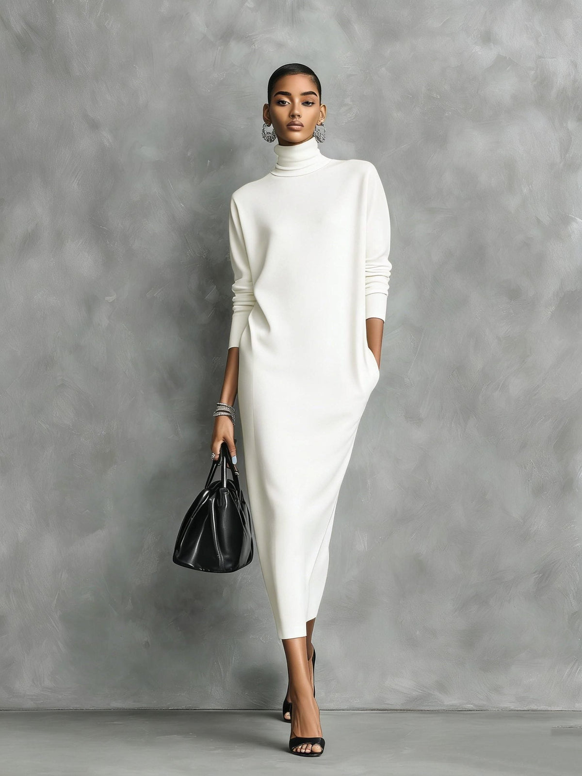 Knit Roll Neck Midi Dress with Long Sleeves for Women - White