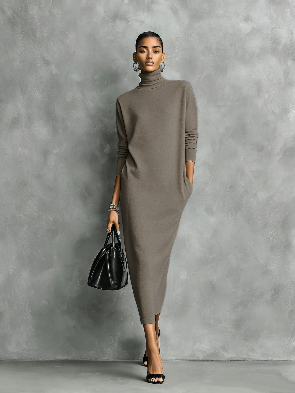 Knit Roll Neck Midi Dress with Long Sleeves for Women - Khaki Brown