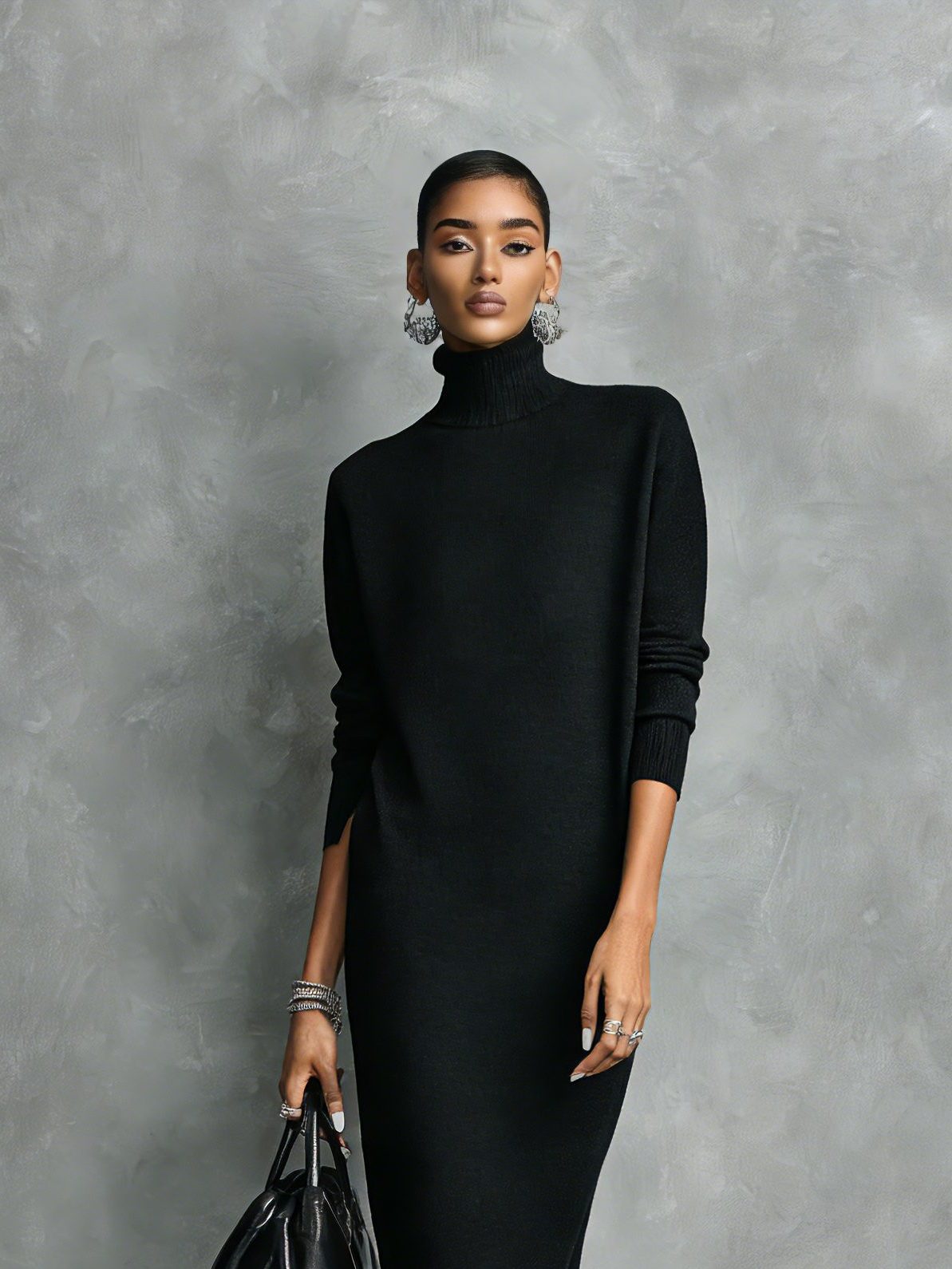 Knit Roll Neck Midi Dress with Long Sleeves for Women - View 2