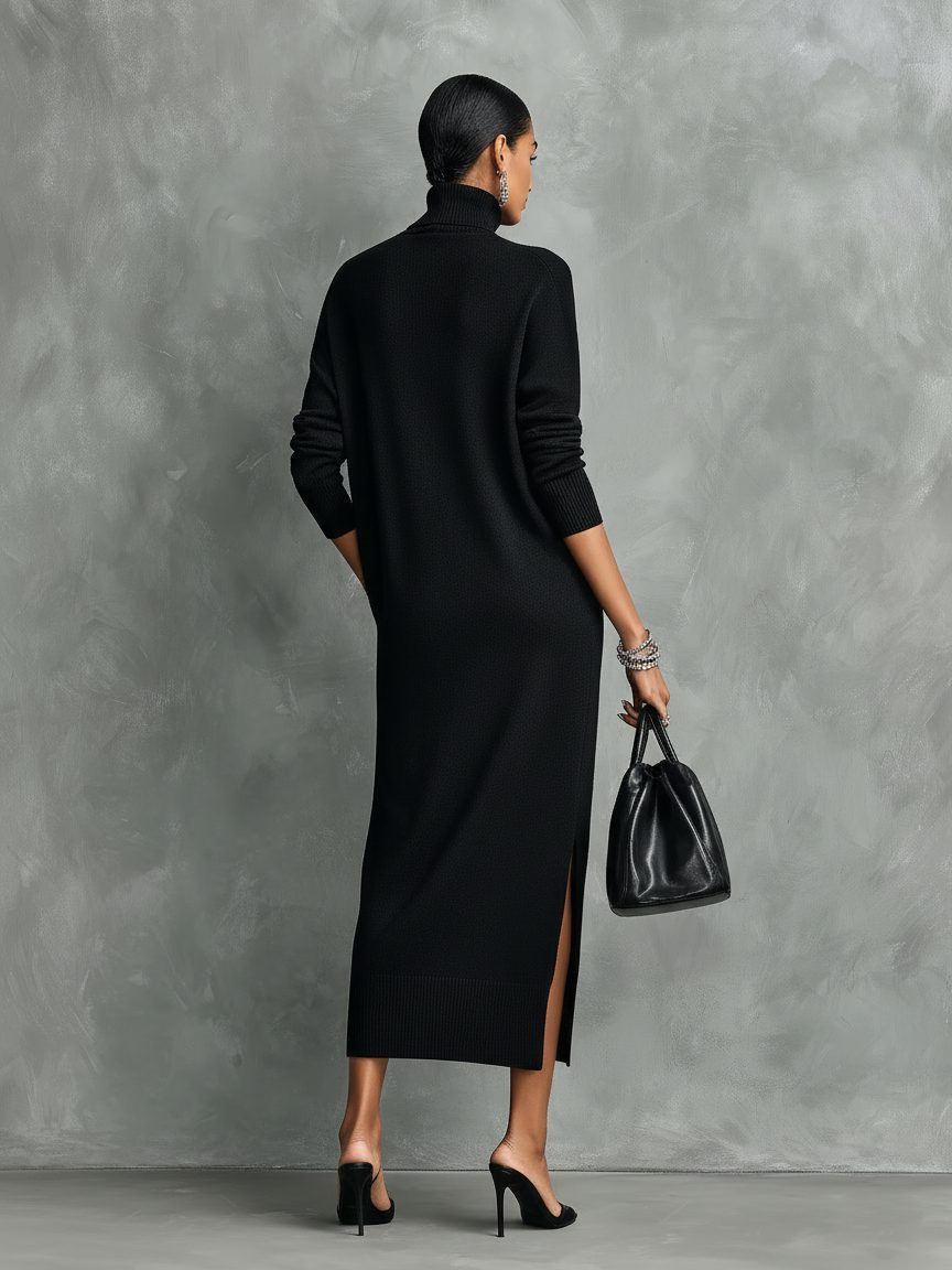 Knit Roll Neck Midi Dress with Long Sleeves for Women - View 5