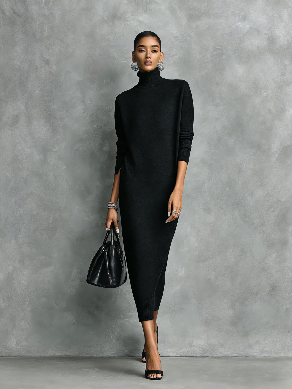 Knit Roll Neck Midi Dress with Long Sleeves for Women - View 6