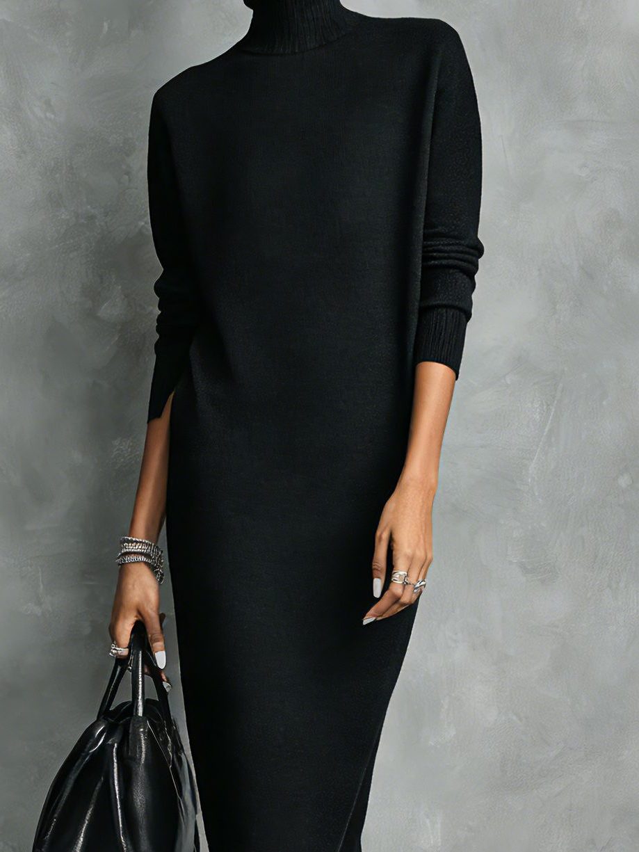 Knit Roll Neck Midi Dress with Long Sleeves for Women - View 7