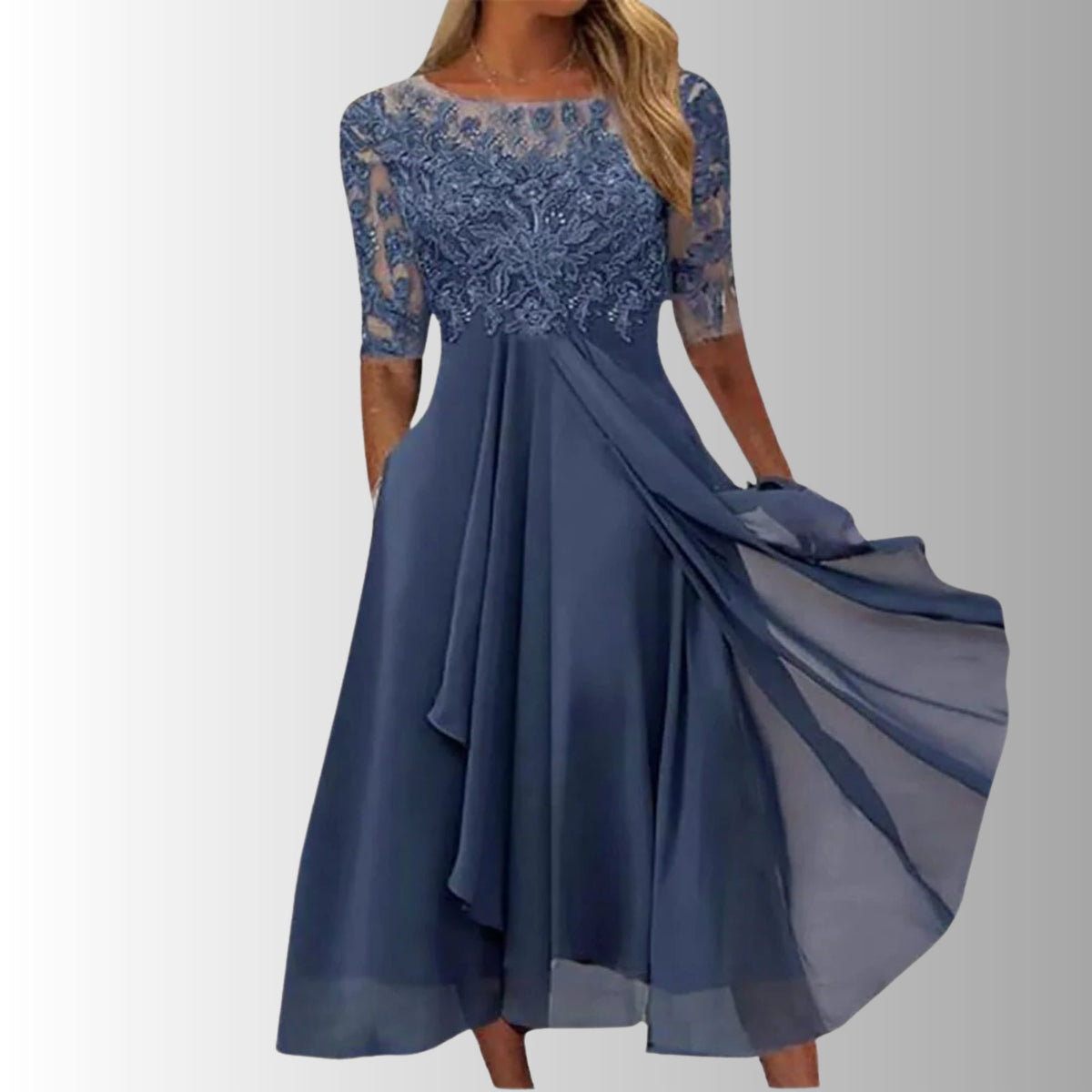 Lace A-Line Midi Dress with Three-Quarter Sleeves for Women