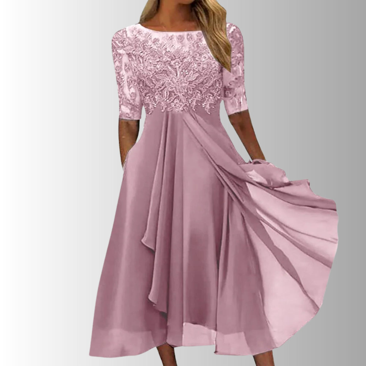 Lace A-Line Midi Dress with Three-Quarter Sleeves for Women - Pink
