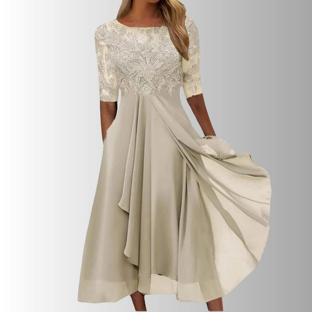 Lace A-Line Midi Dress with Three-Quarter Sleeves for Women - Cream