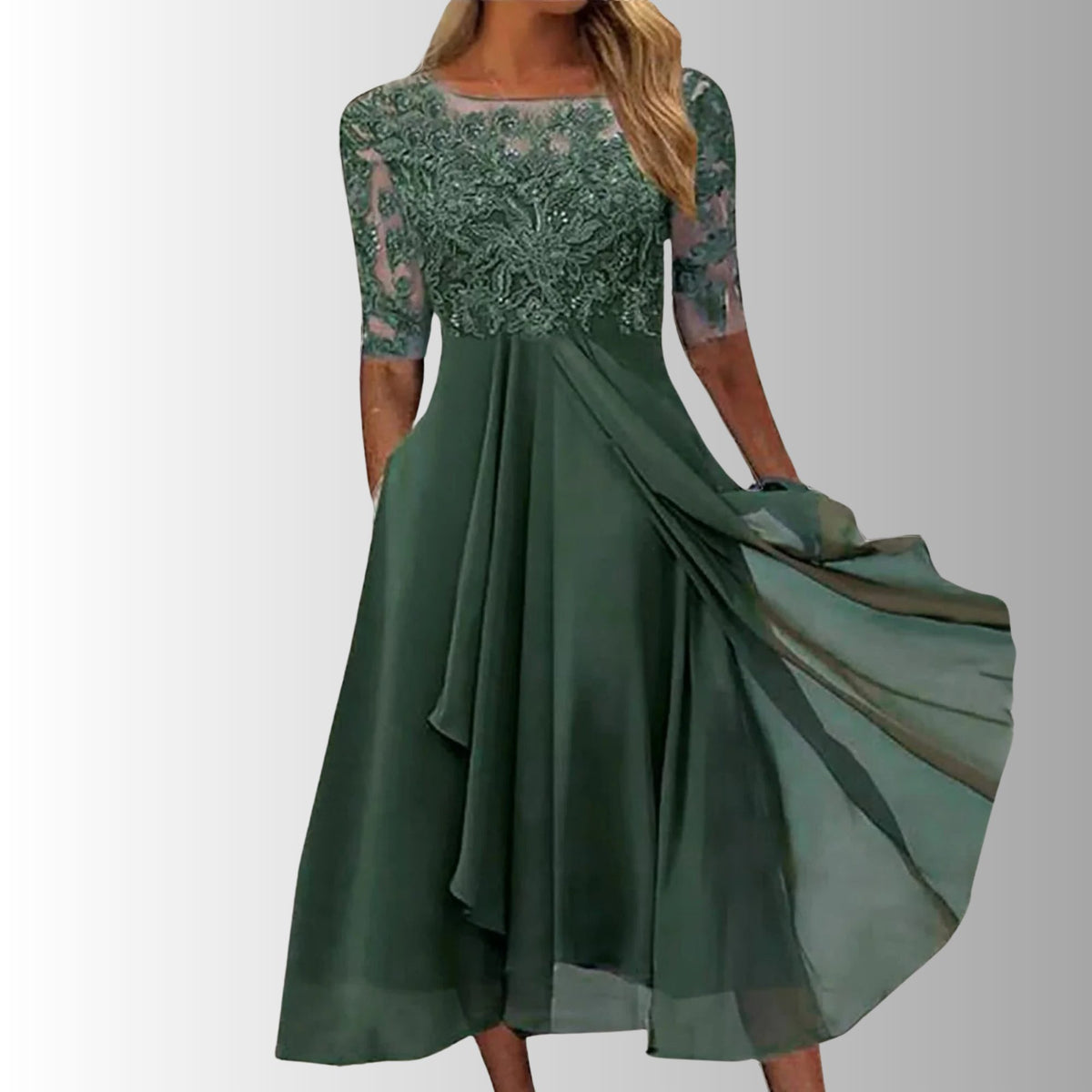 Lace A-Line Midi Dress with Three-Quarter Sleeves for Women - Green