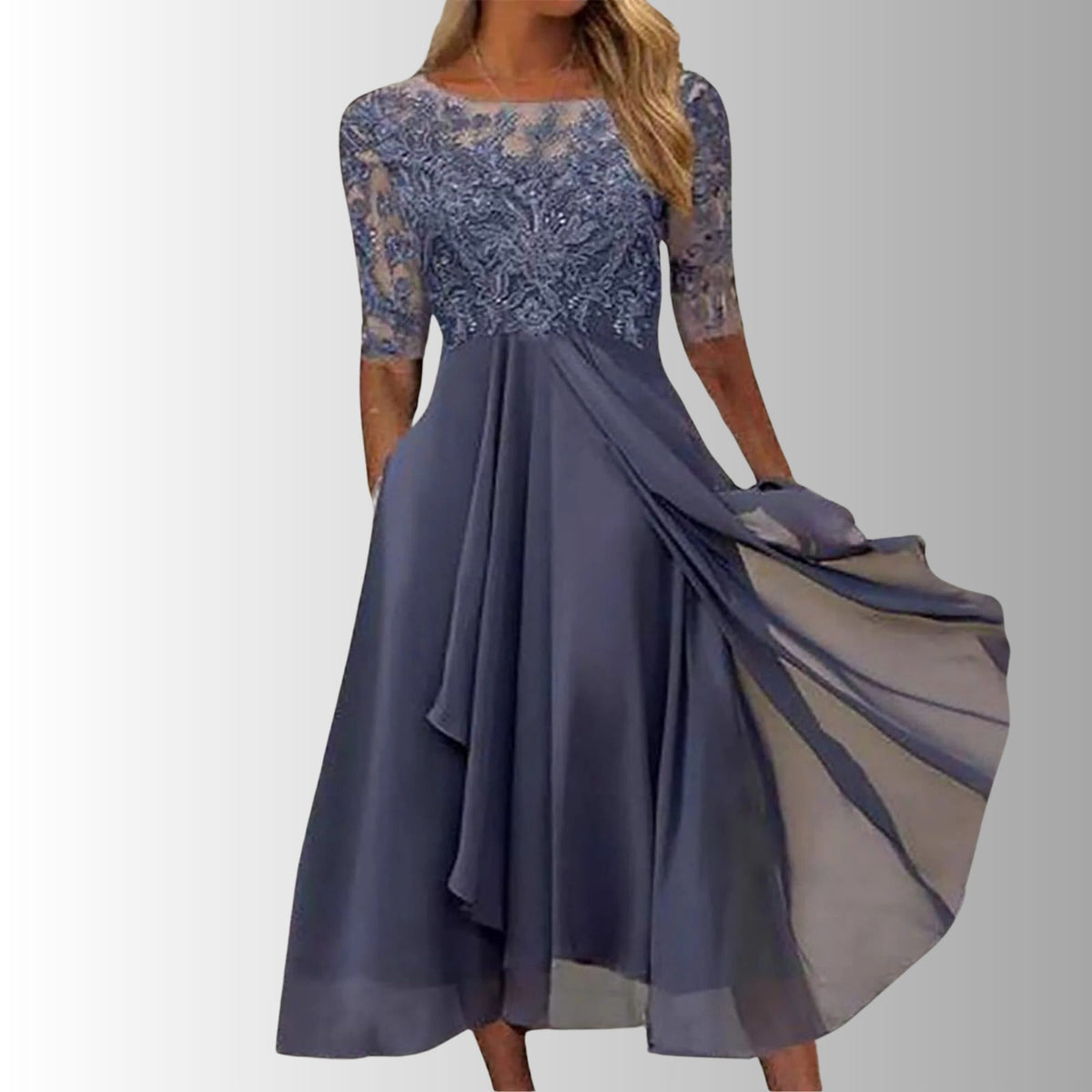 Lace A-Line Midi Dress with Three-Quarter Sleeves for Women - Purple