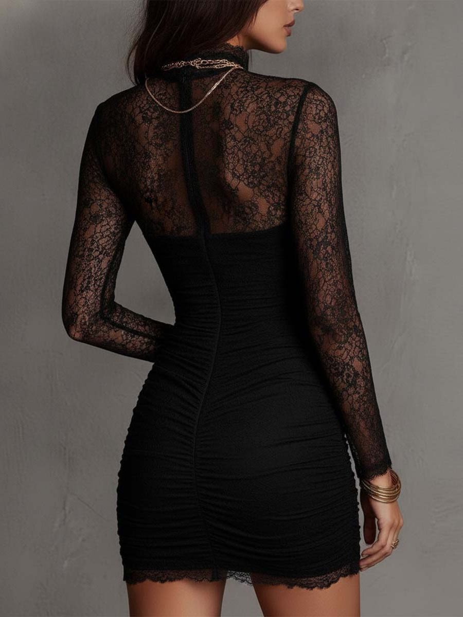 Lace Cocktail Mini Dress with High Neck and Long Sleeves for Women - View 3
