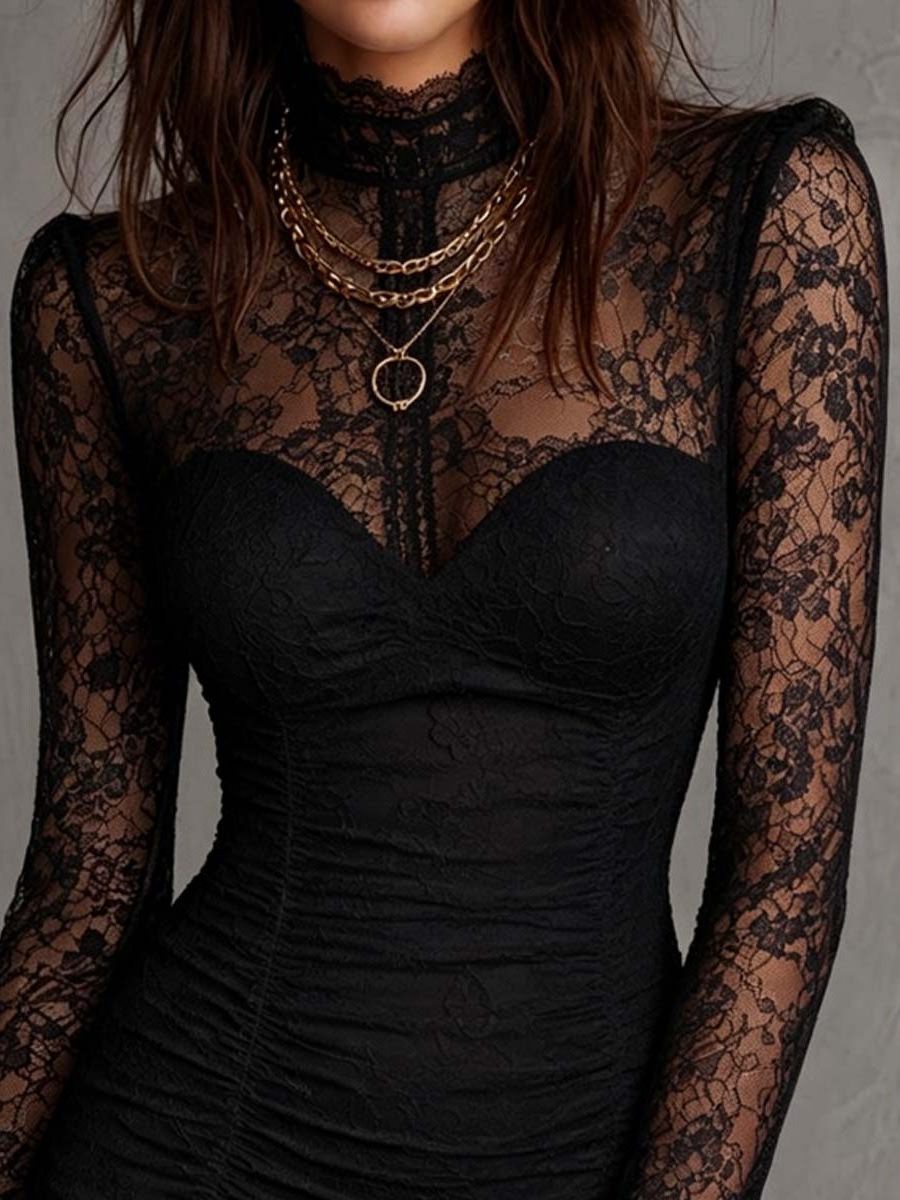 Lace Cocktail Mini Dress with High Neck and Long Sleeves for Women - View 4
