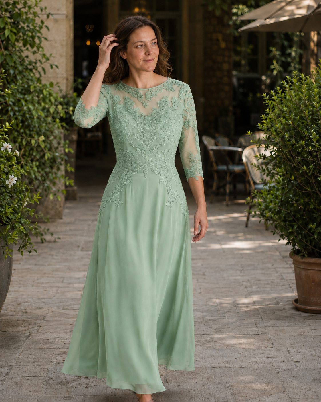 Lace Maxi Evening Dress for Women - Green