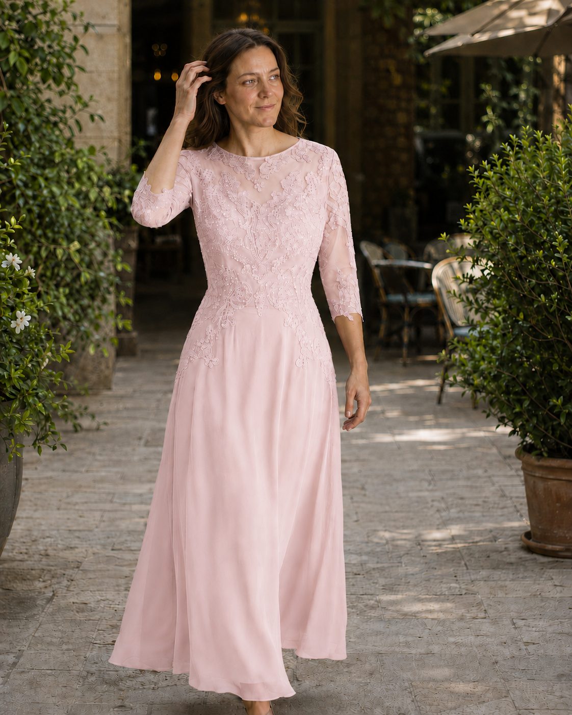 Lace Maxi Evening Dress for Women - Pink