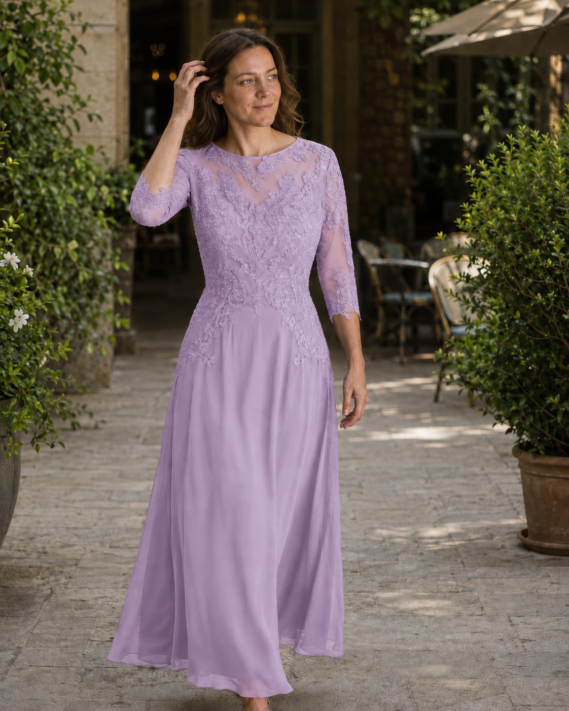 Lace Maxi Evening Dress for Women - Lavender