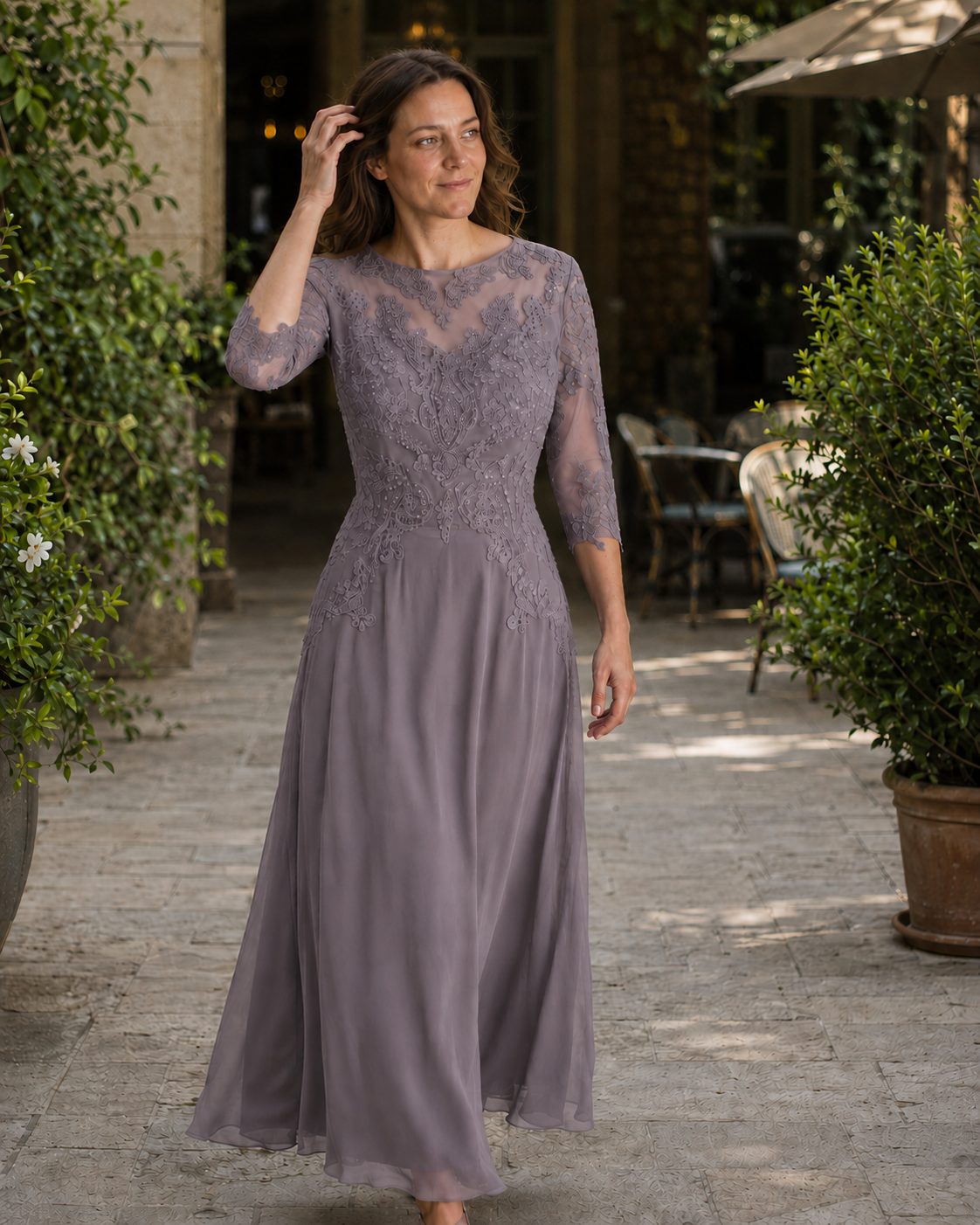 Lace Maxi Evening Dress for Women - Brown