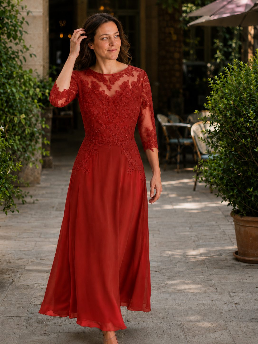 Lace Maxi Evening Dress for Women - Chestnut Brown