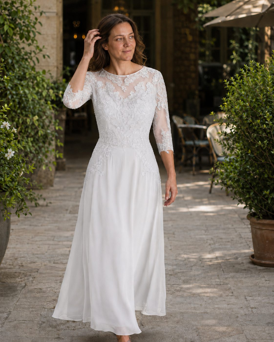 Lace Maxi Evening Dress for Women - White