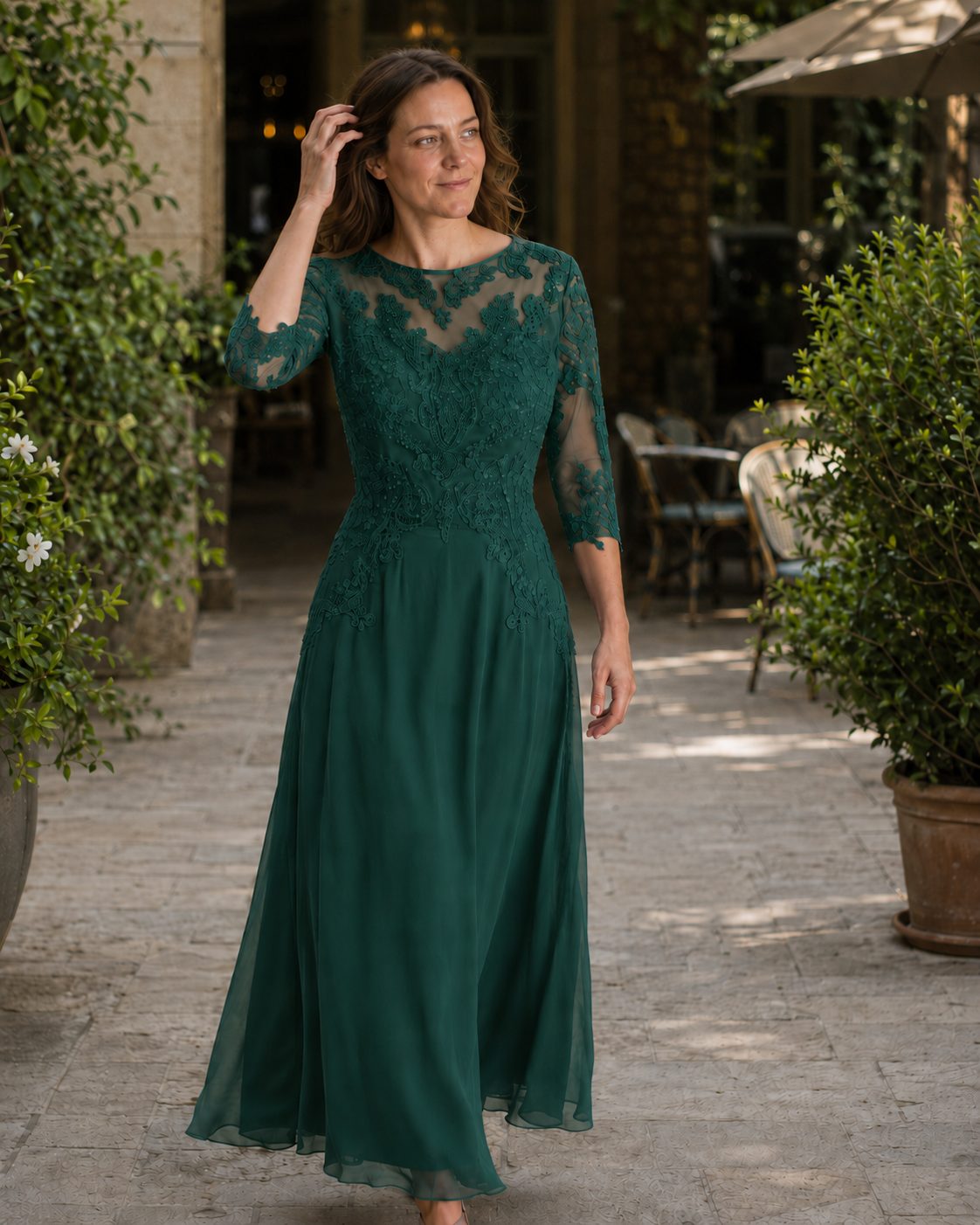 Lace Maxi Evening Dress for Women - Dark Green