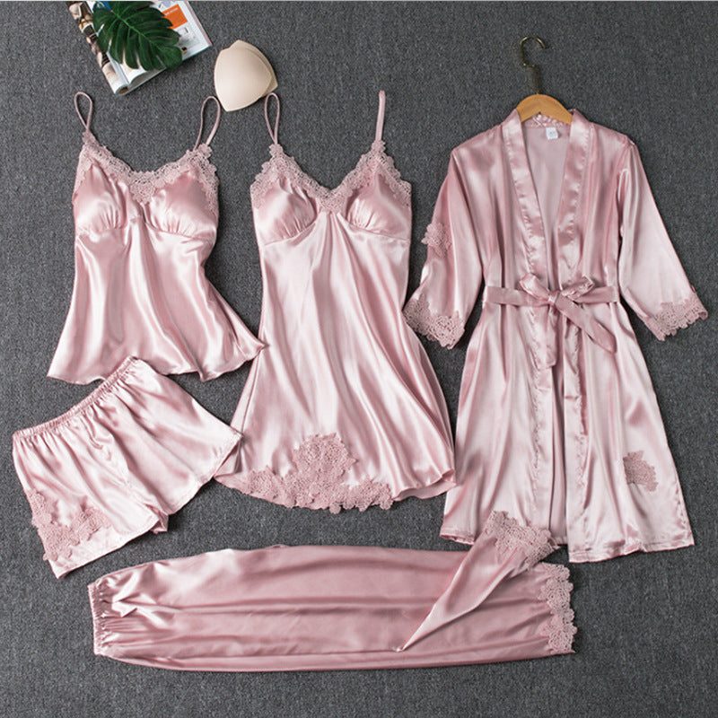 Lace Satin Pajama Set for Women - Pink