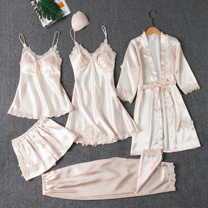 Lace Satin Pajama Set for Women - White Gold