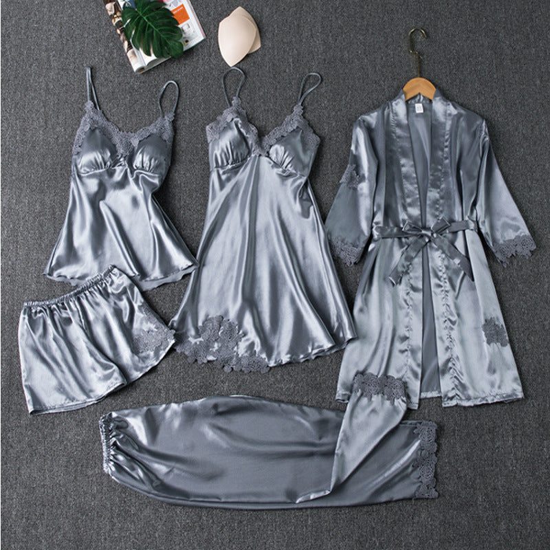 Lace Satin Pajama Set for Women - Light Blue