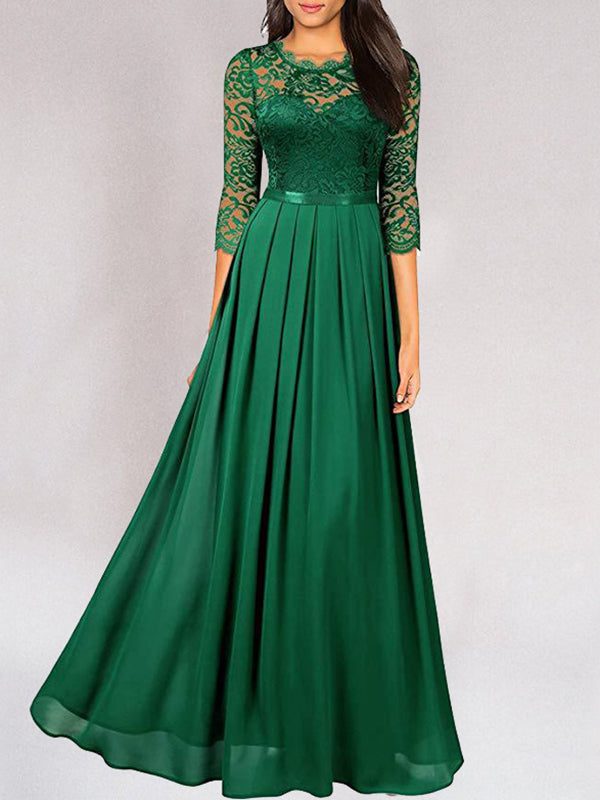Lace Three Quarter Sleeve Maxi Dress for Women - Green